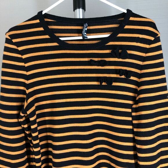 Saint JAMES MADEMOISELLE Wool Blend Orange Black Stripe Sweater Bow Appliques Sz - Picture 5 of 9